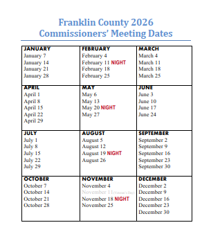 2026 Commissioners Meeting Calendar